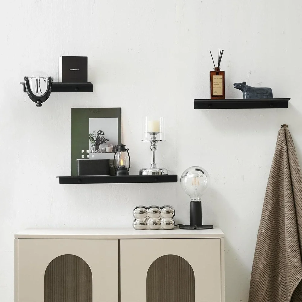 2 PCS Small Floating Shelf, 12'' Metal Wall Shelf, Black, Bathroom, Durable, Wat